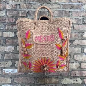 Vintage Handcrafted Woven Tote from Mexico with Pink and Orange Accents